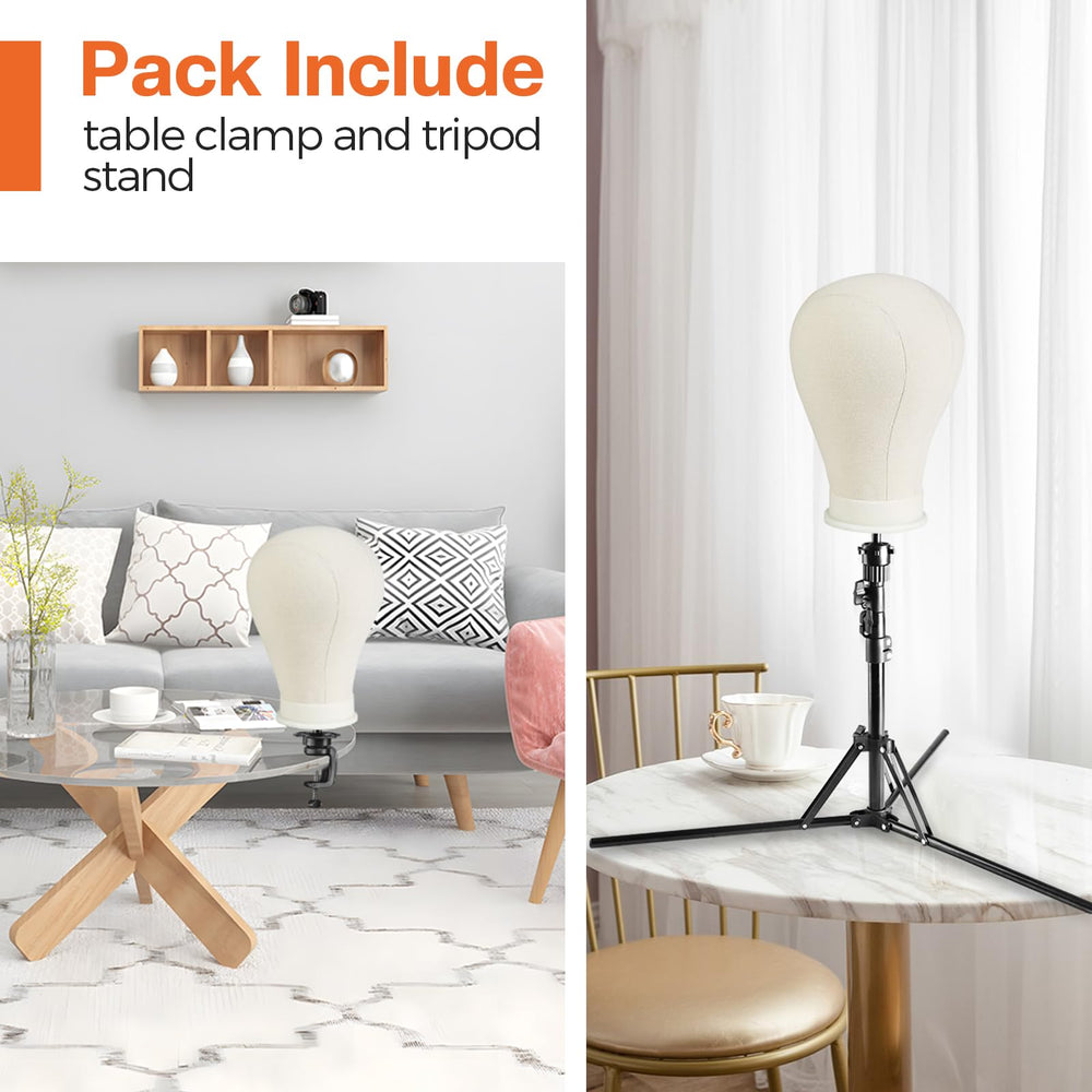 Neverland wig head stand with head provides stable support during wig making.