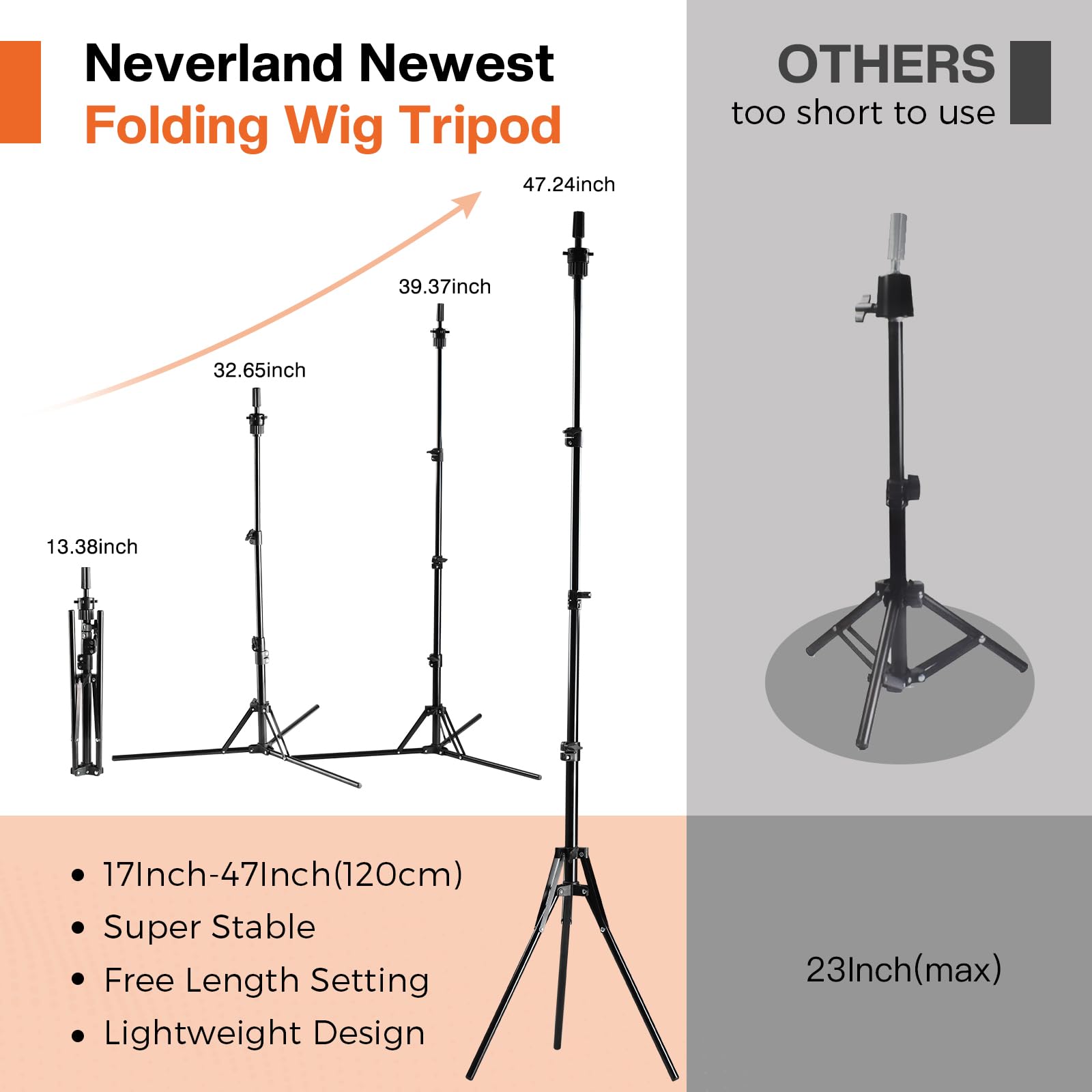 Neverland wig stand tripod shows adjustable height for versatile styling and display.