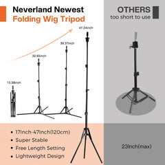 Neverland wig stand tripod shows adjustable height for versatile styling and display.