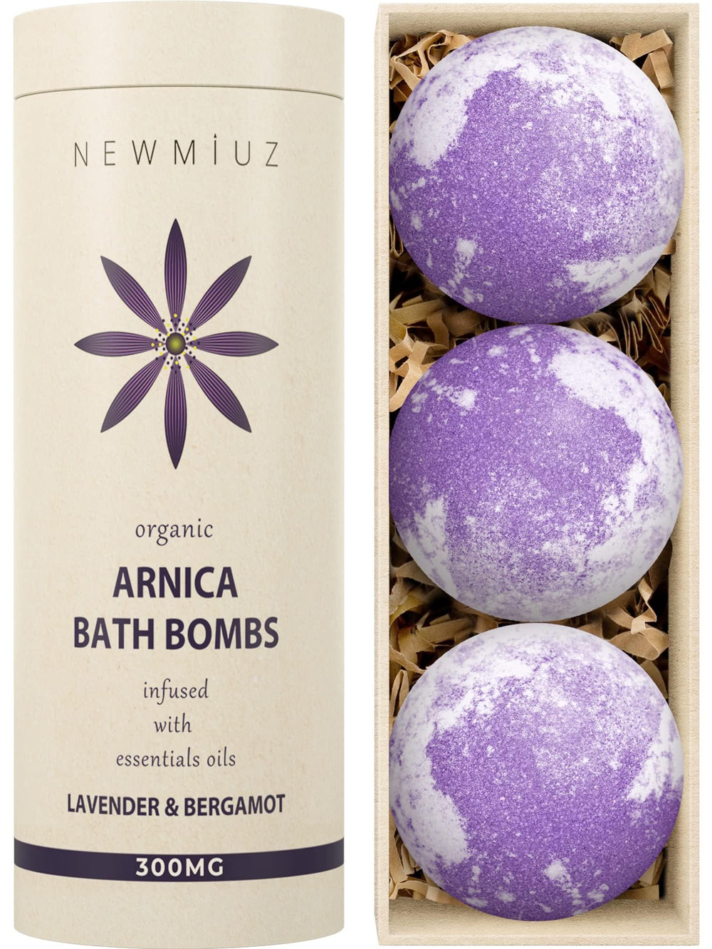 New Miuz Arnica Bubble Bath Bomb Lavender Bottle helps relax muscles with arnica and calming lavender.