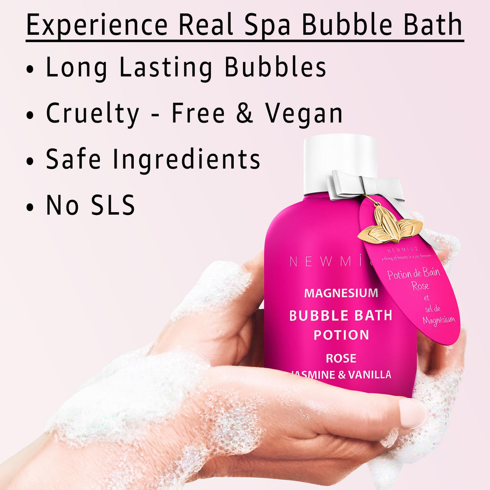 New Miuz Bubble Bath Luxury Foam pouring in tub highlighting thick lather and moisturizing feel