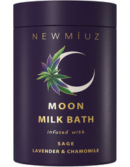 New Miuz cleansing sage moon milk bath jar front label promotes relaxation.