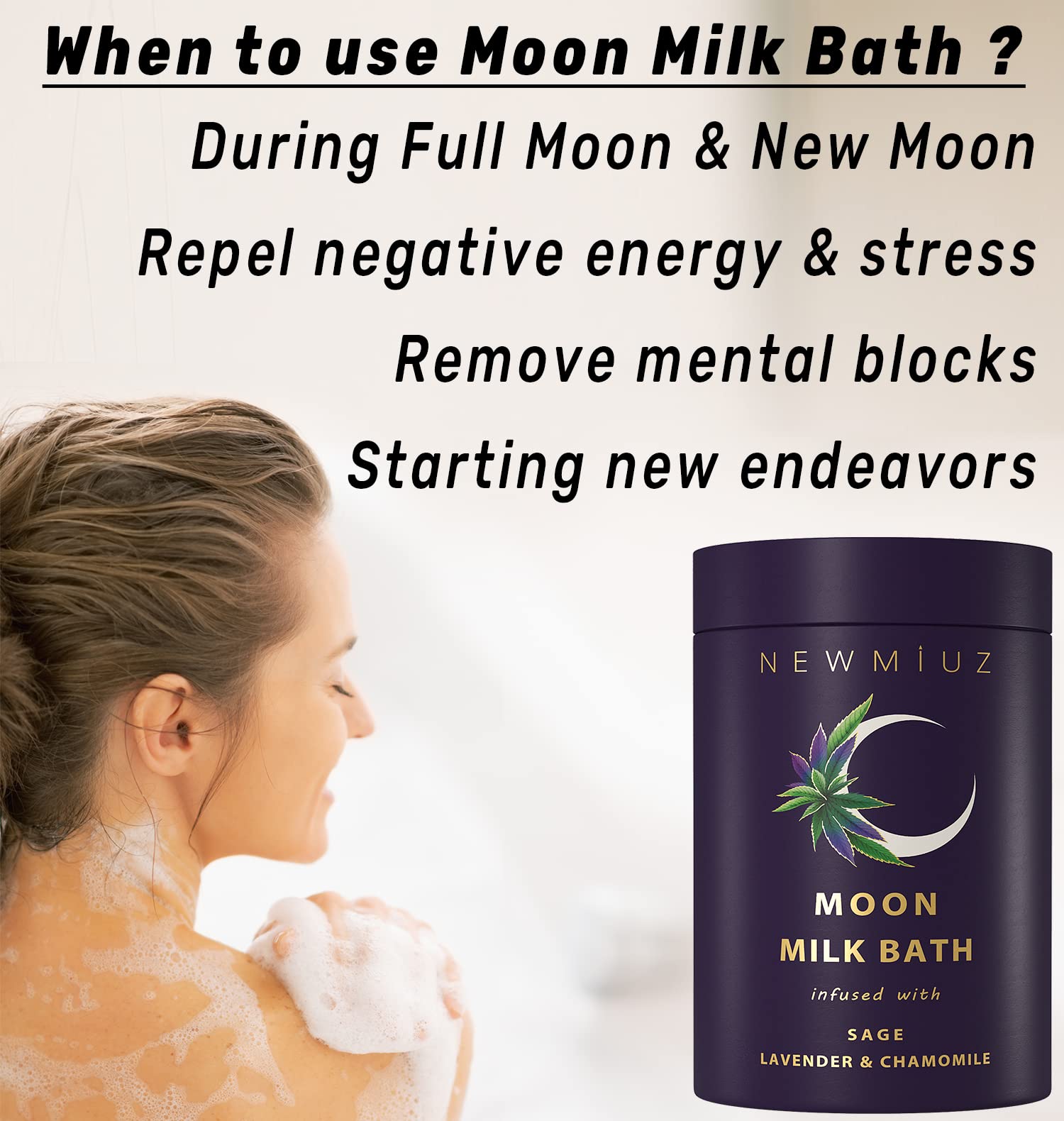 New Miuz moon milk bath jar pour reveals creamy soak for relaxation.