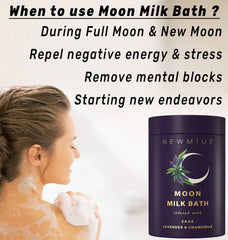 New Miuz moon milk bath jar pour reveals creamy soak for relaxation.
