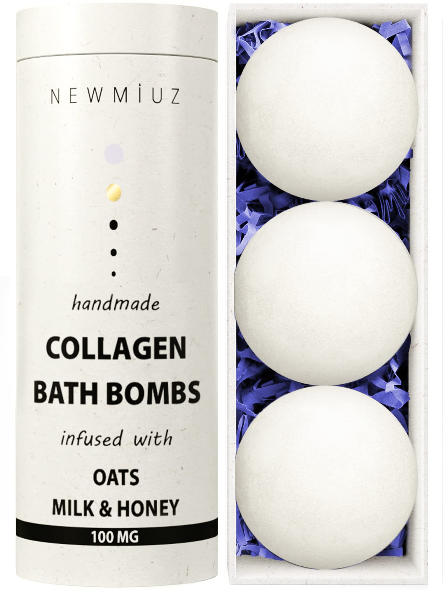 New Miuz creamy collagen bath bomb with oatmeal milk honey dissolves softly for a soothing soak.