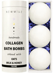 New Miuz creamy collagen bath bomb with oatmeal milk honey dissolves softly for a soothing soak.