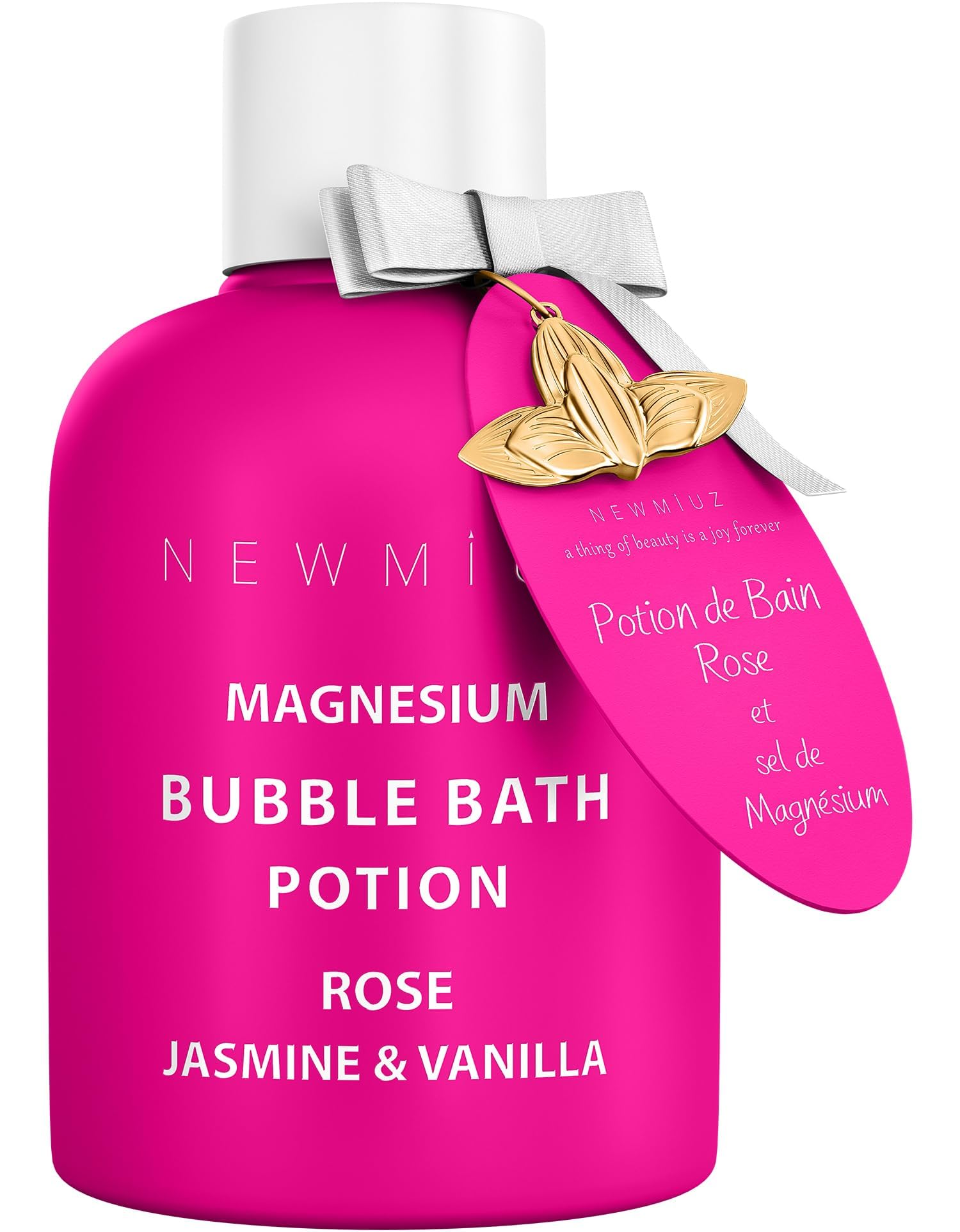 New Miuz Magnesium Bubble Bath Rose-Vanilla foam close-up showing rich, long-lasting bubbles for soothing relaxation