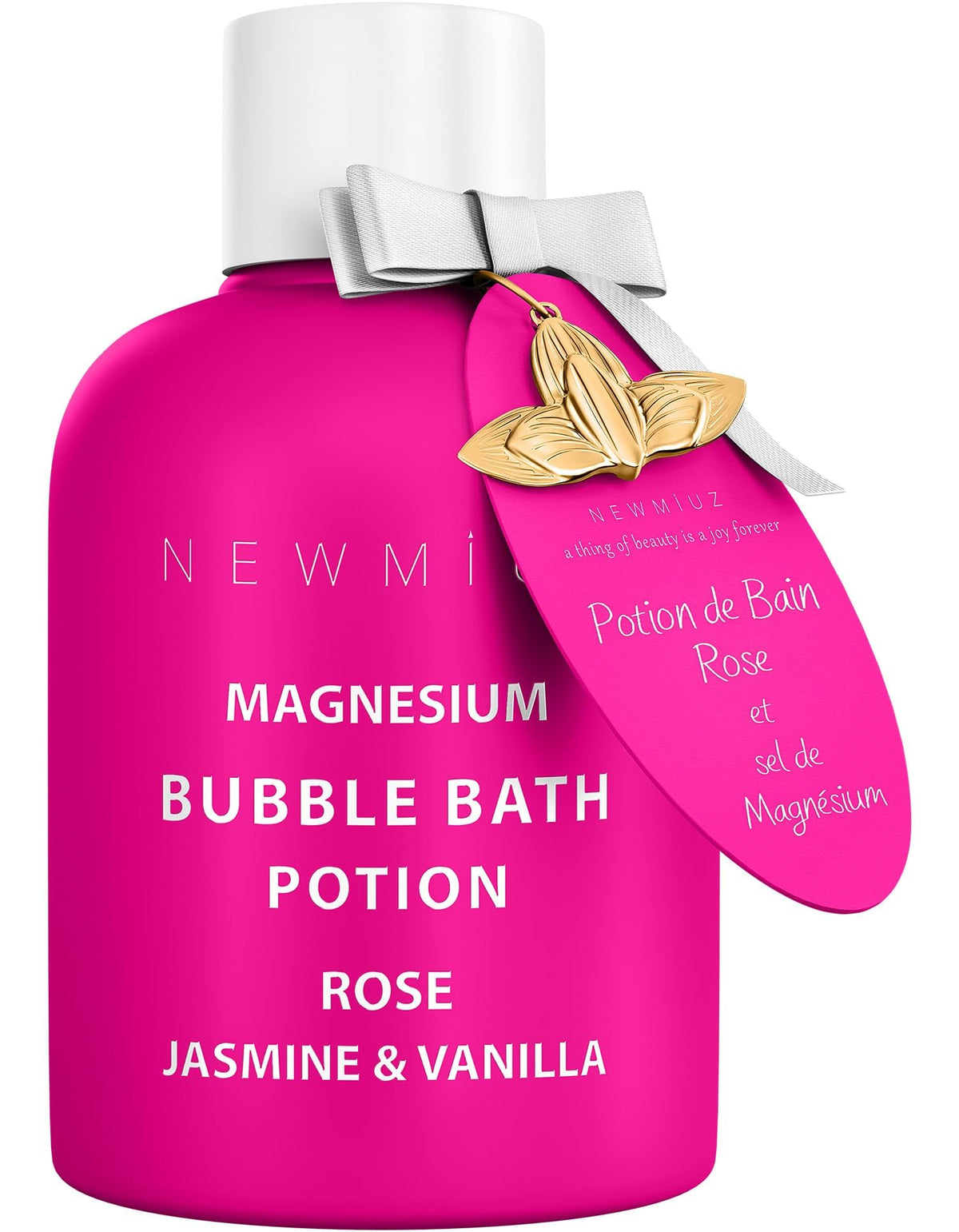 New Miuz Magnesium Bubble Bath Rose-Vanilla foam close-up showing rich, long-lasting bubbles for soothing relaxation