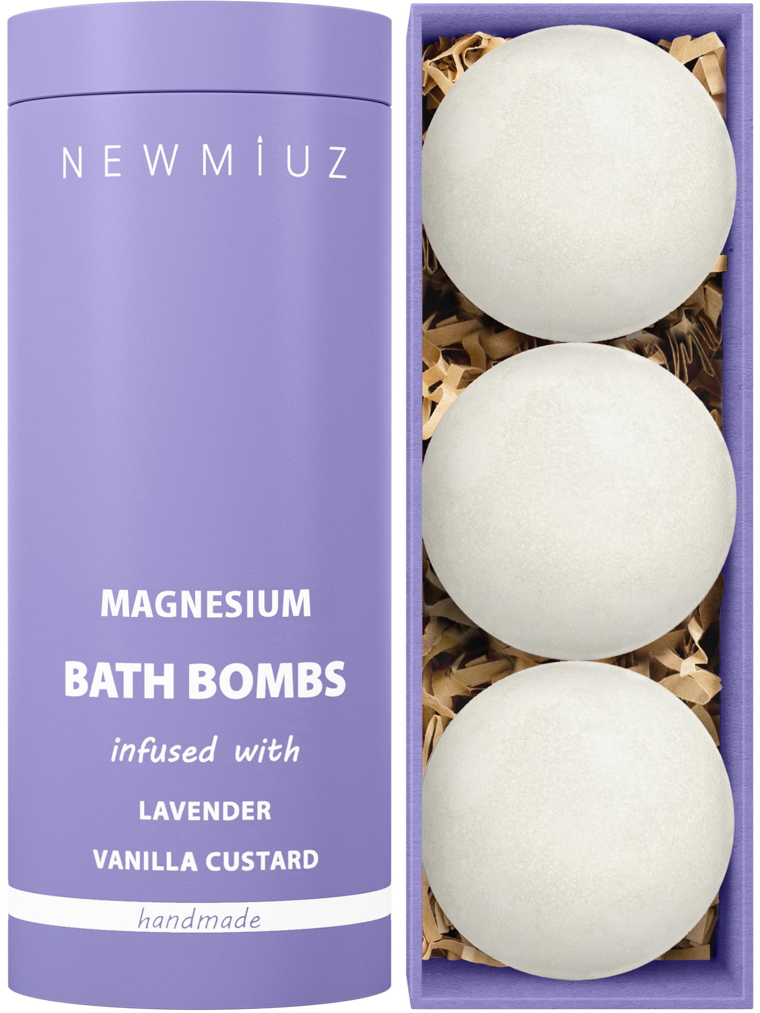 New Miuz magnesium lavender vanilla bathbomb closeup highlighting calming scent