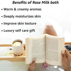 New Miuz rose milk bath powder jar for skin hydration and softness.