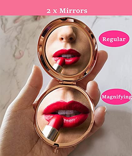 New Prominent double-sided folding mirror shows standard and magnified views.