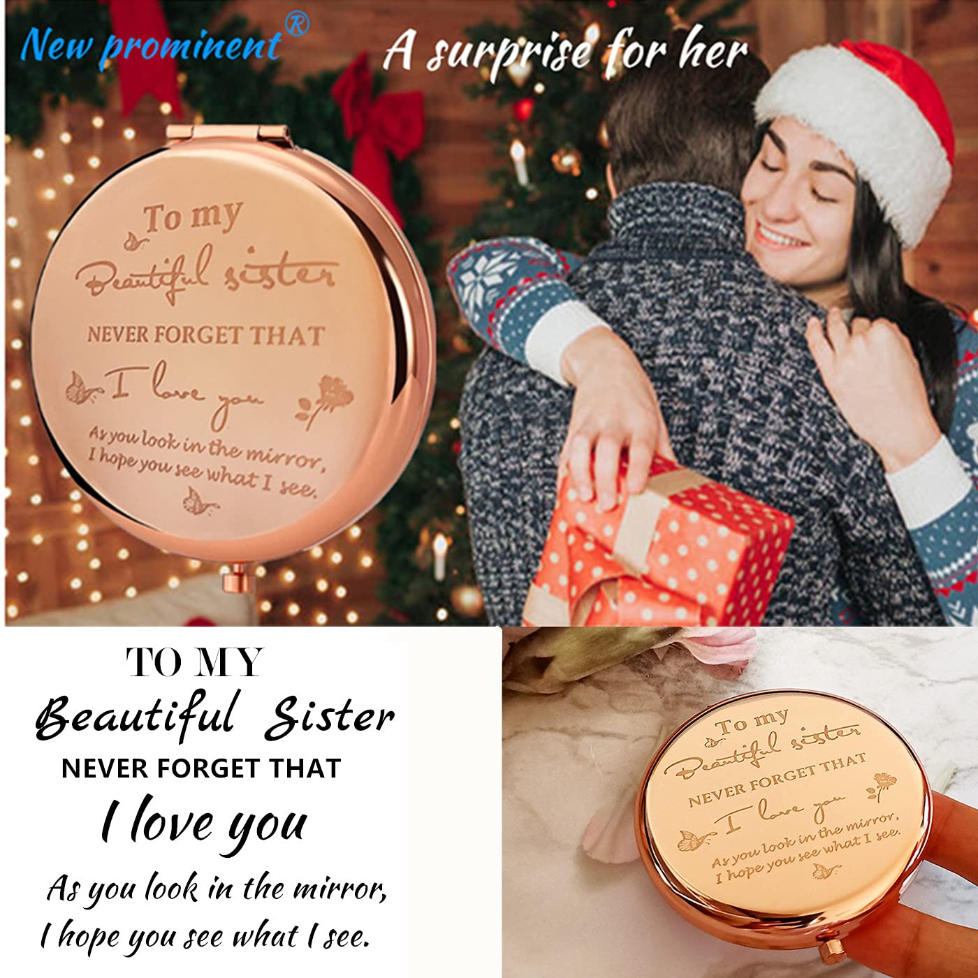New Prominent engraved-message sister mirror with sentimental gift vibe.