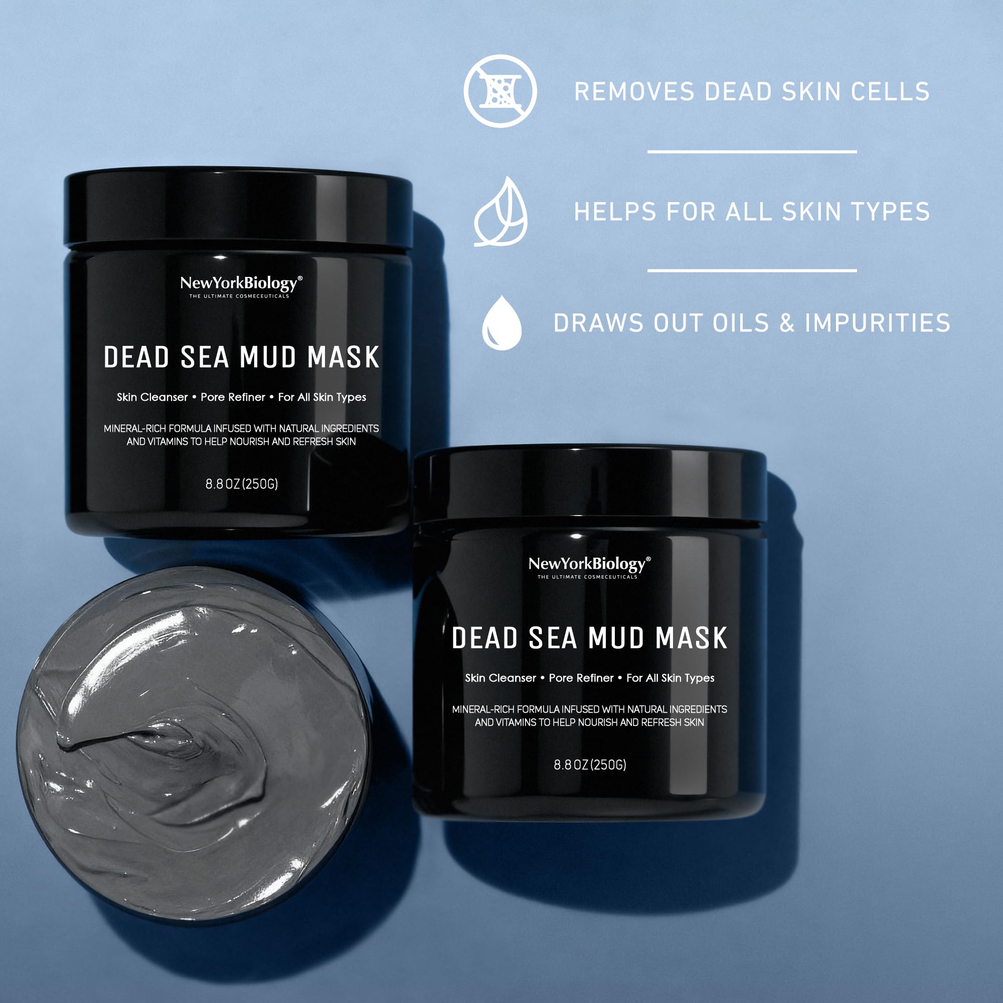 New York Biology Dead Sea Mud Mask highlights mineral-rich renewal benefits.