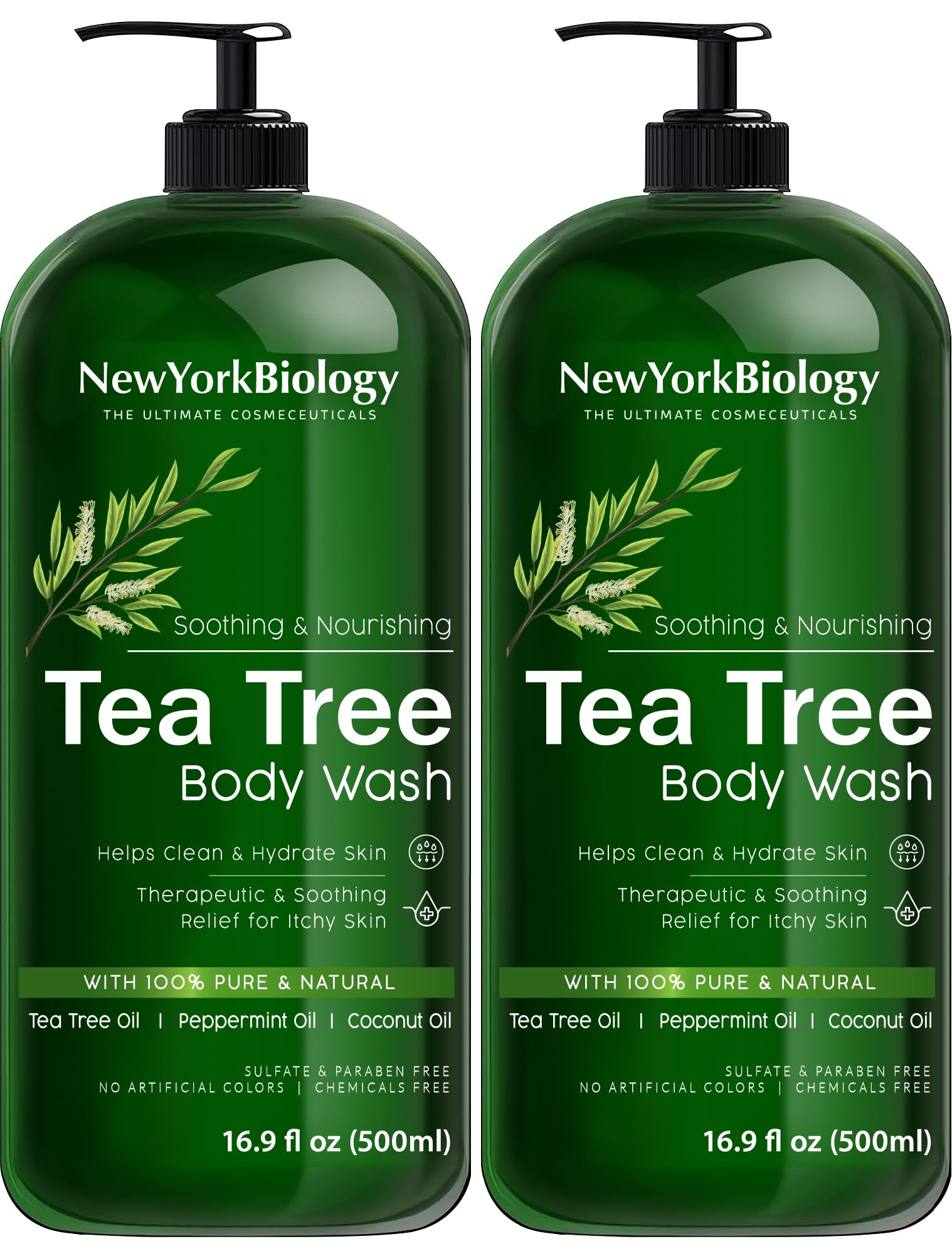 NEW YORK BIOLOGY Tea Tree Body Wash bottle with foamy lather for refreshing cleanse.