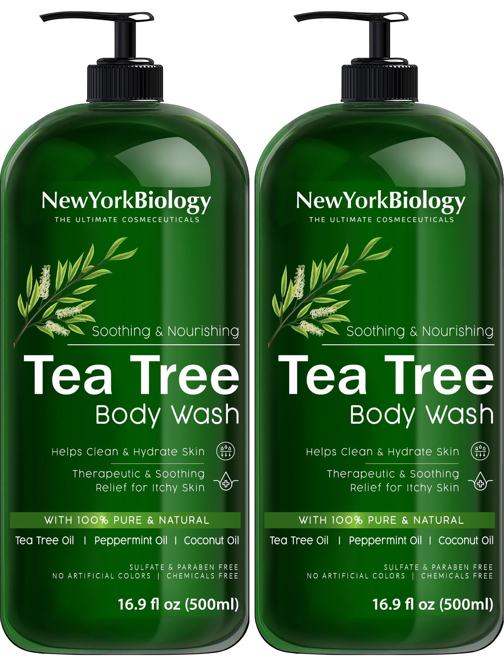 NEW YORK BIOLOGY Tea Tree Body Wash bottle with foamy lather for refreshing cleanse.