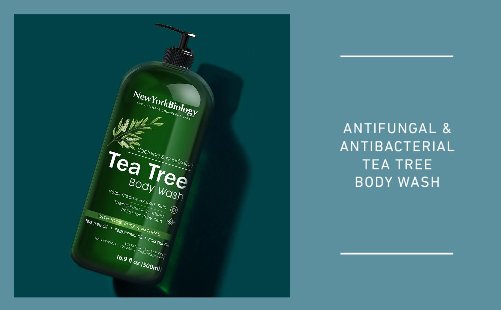 NEW YORK BIOLOGY Tea Tree Body Wash cruelty-free badge signals ethics.