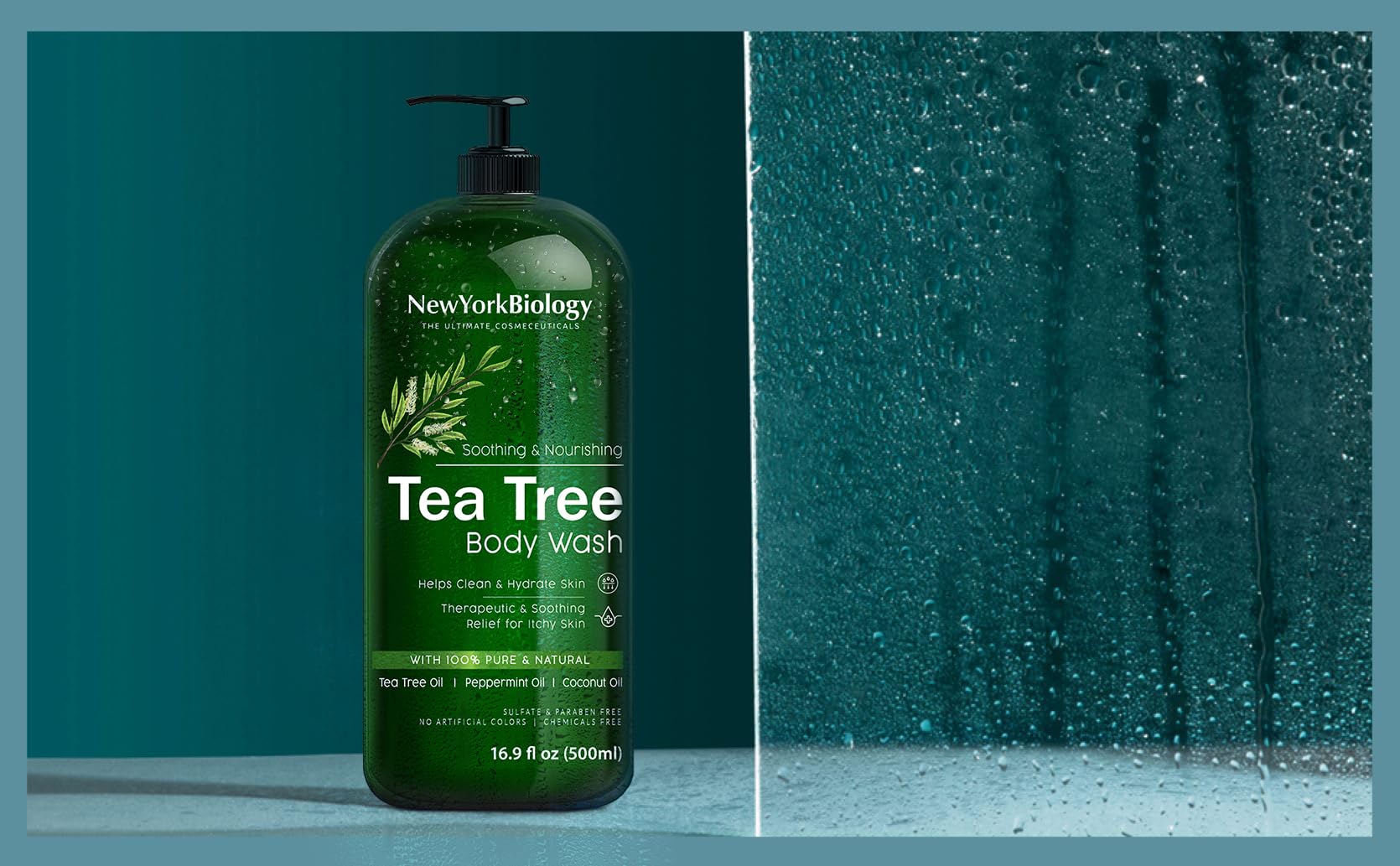 NEW YORK BIOLOGY Tea Tree Body Wash foamy texture close-up suggests gentle cleansing.