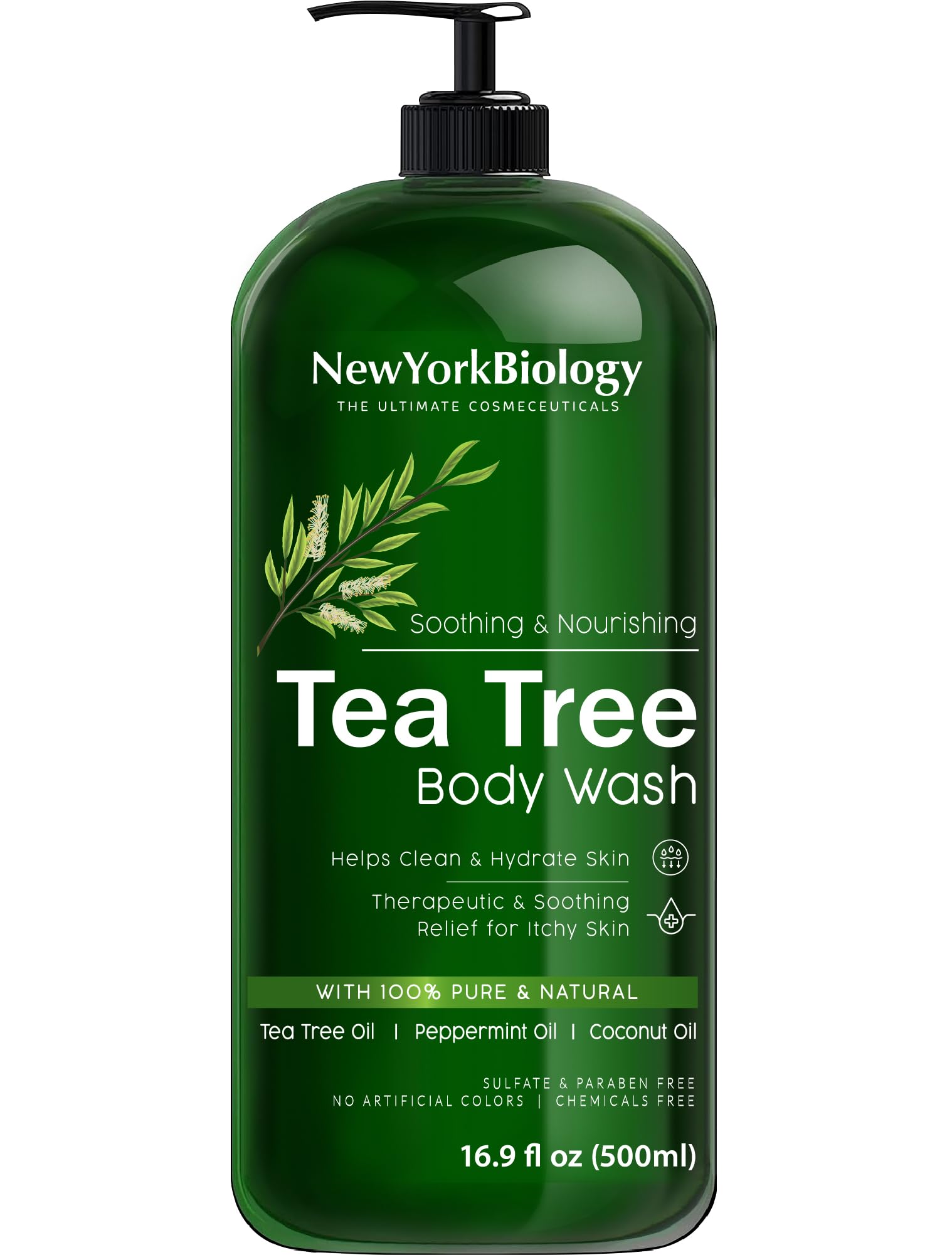 NEW YORK BIOLOGY Tea Tree Body Wash on skin demonstrates calming bath experience.