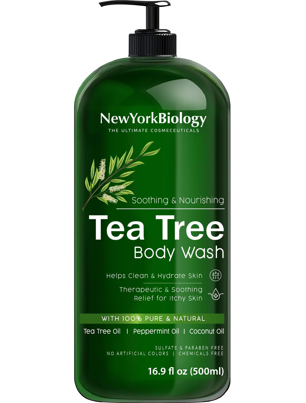 NEW YORK BIOLOGY Tea Tree Body Wash on skin demonstrates calming bath experience.