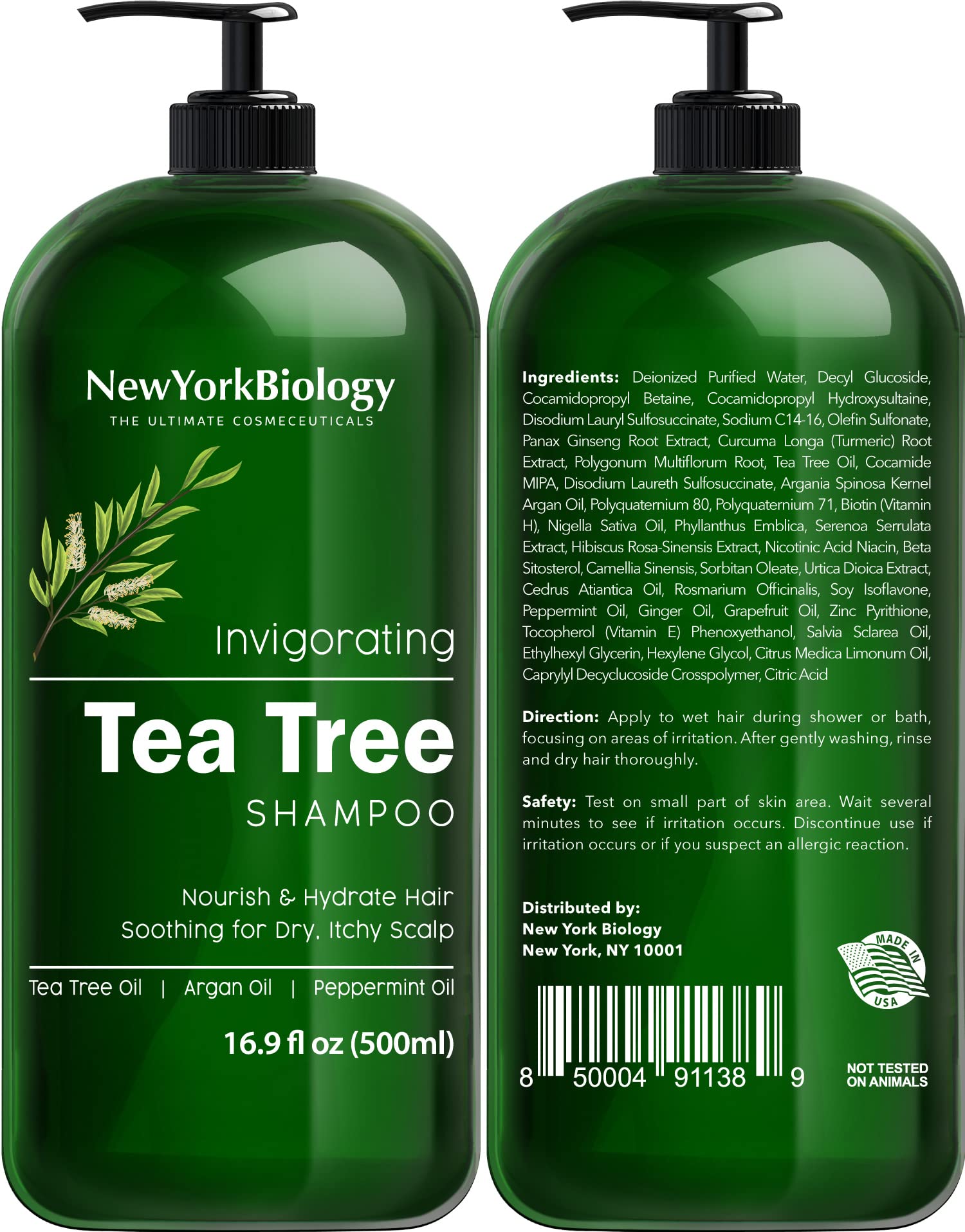 New York Biology Tea Tree Conditioner bottle provides hydrating nourishment for smooth hair.