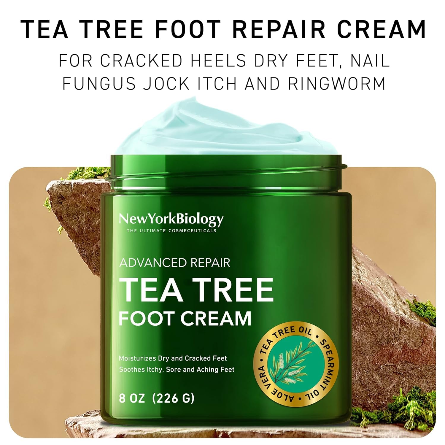 New York Biology Tea Tree Oil Foot Cream application on feet improves moisture.