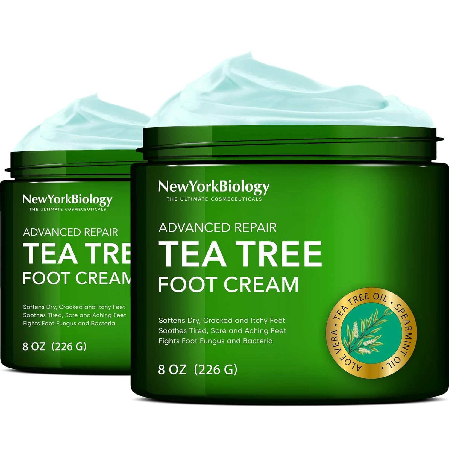 New York Biology Tea Tree Oil Foot Cream jar closeup highlighting creamy hydration.