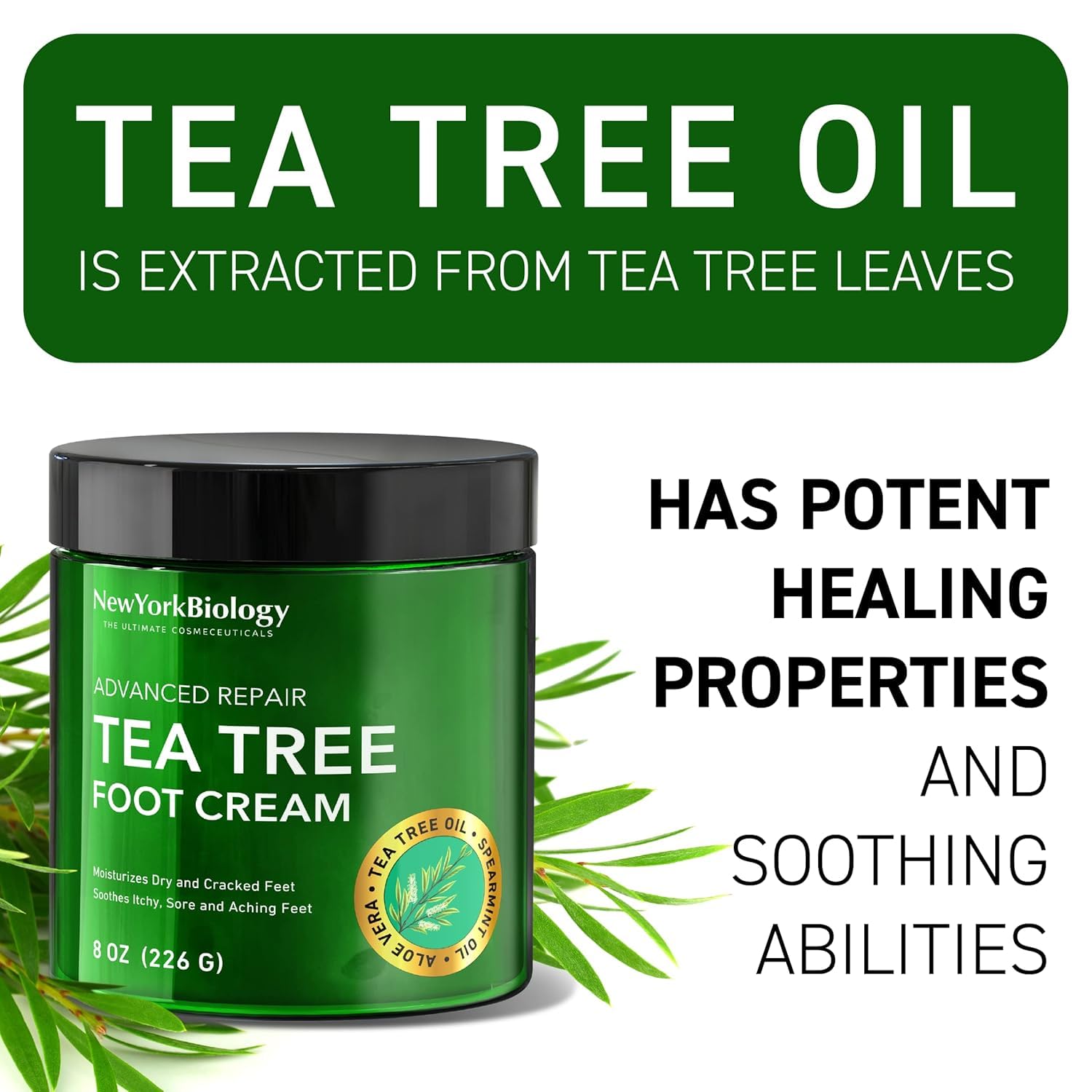 New York Biology Tea Tree Oil Foot Cream promotes skin hydration on contact.