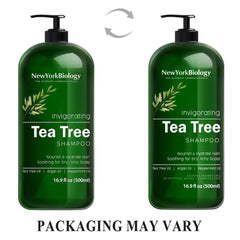 New York Biology Tea Tree Shampoo scalp-relief shot shows soothing relief for itchy flakes.