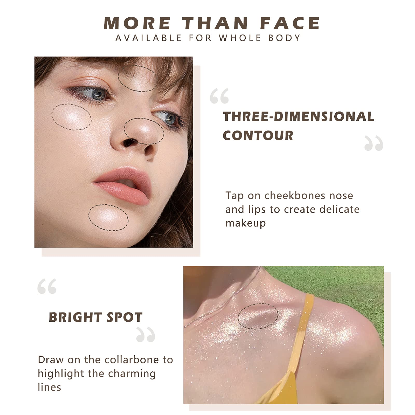 NewBang glitter powder body application on arms and collarbones for glow.