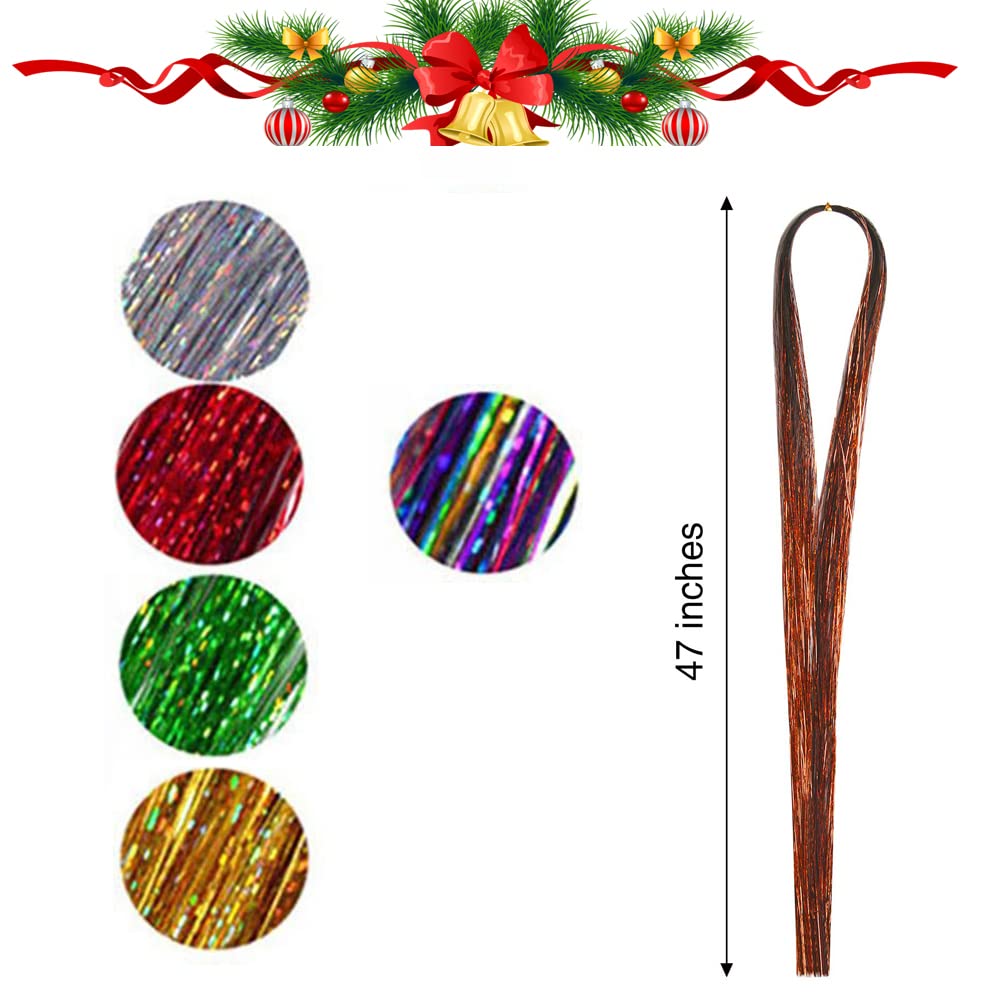 Newfacefure Christmas Tinsel Kit colors closeup shows red, green, silver strands for sparkle