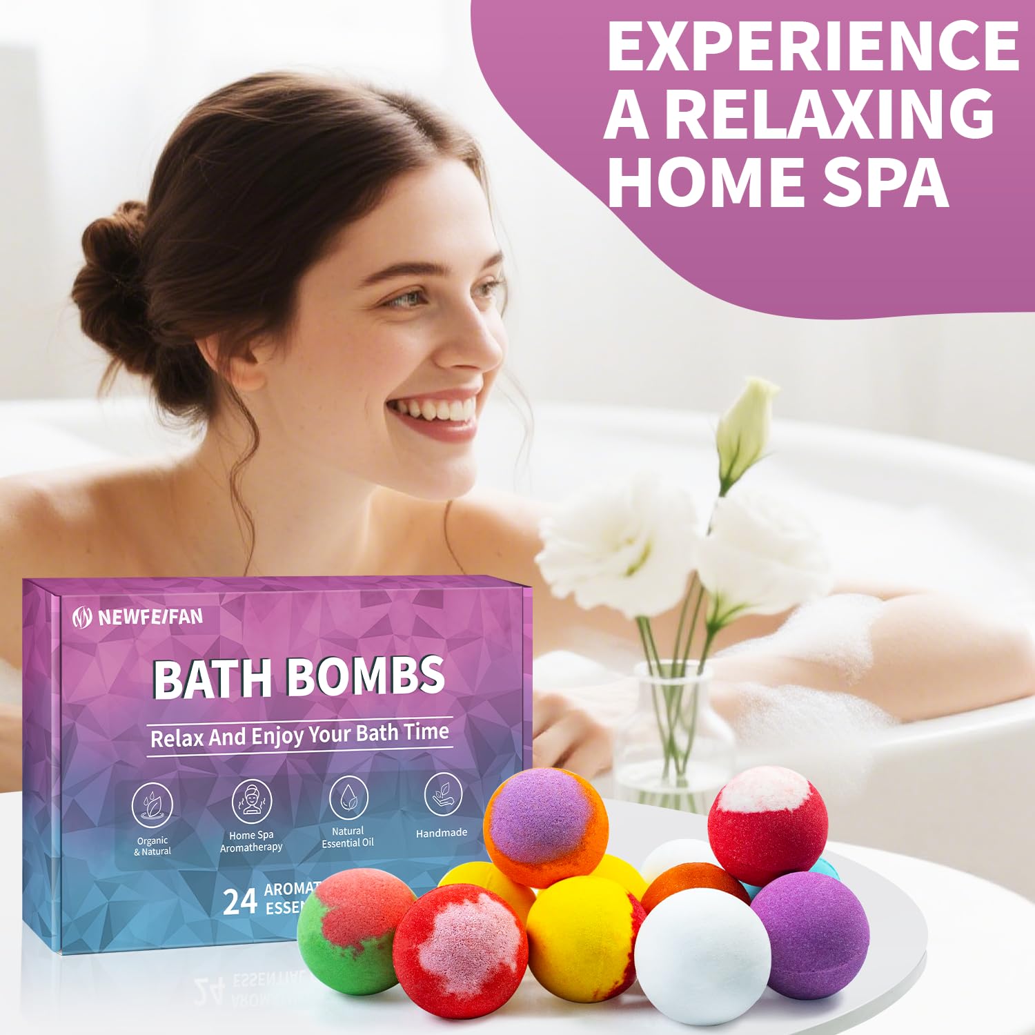 NEWFEIFAN bath bombs beautifully packaged for gifting.