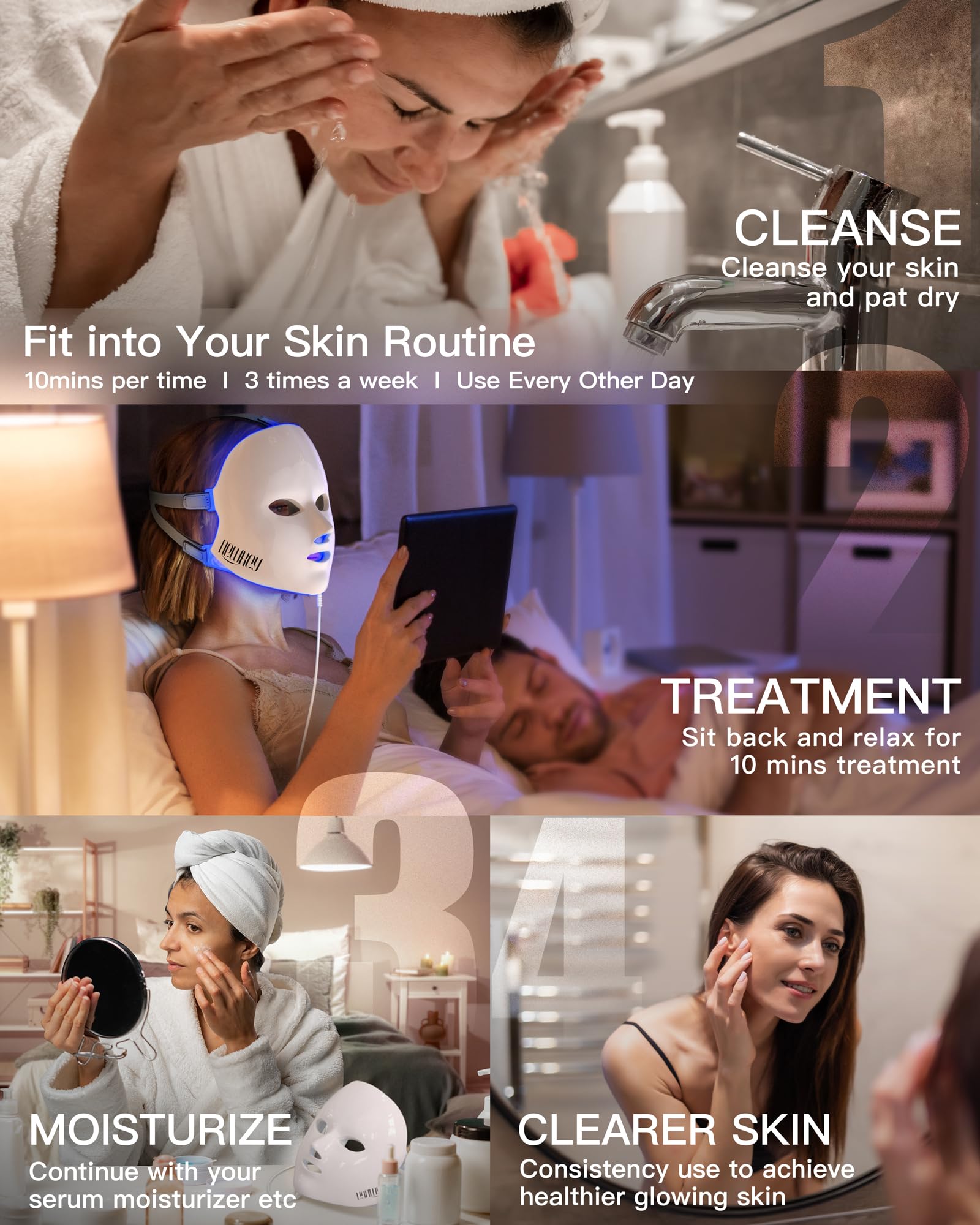 NEWKEY LED Face Mask in-use 10-minute session demonstrates quick skincare routine