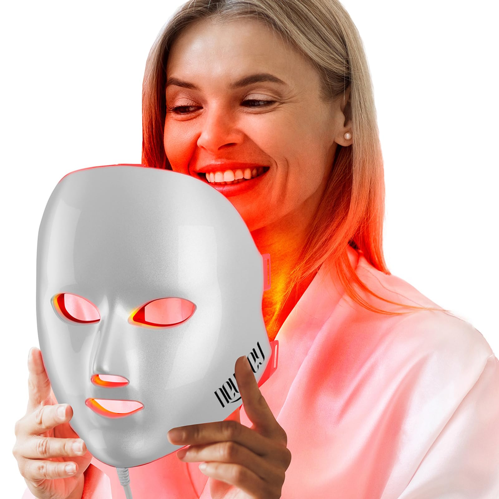 NEWKEY Red Light Therapy Mask face close-up showing at-home skin care potential.