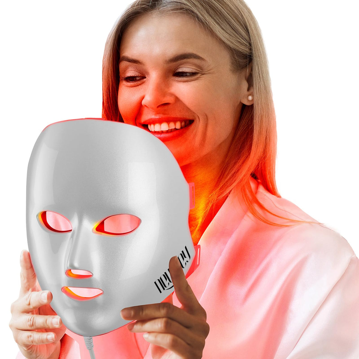 NEWKEY Red Light Therapy Mask face close-up showing at-home skin care potential.