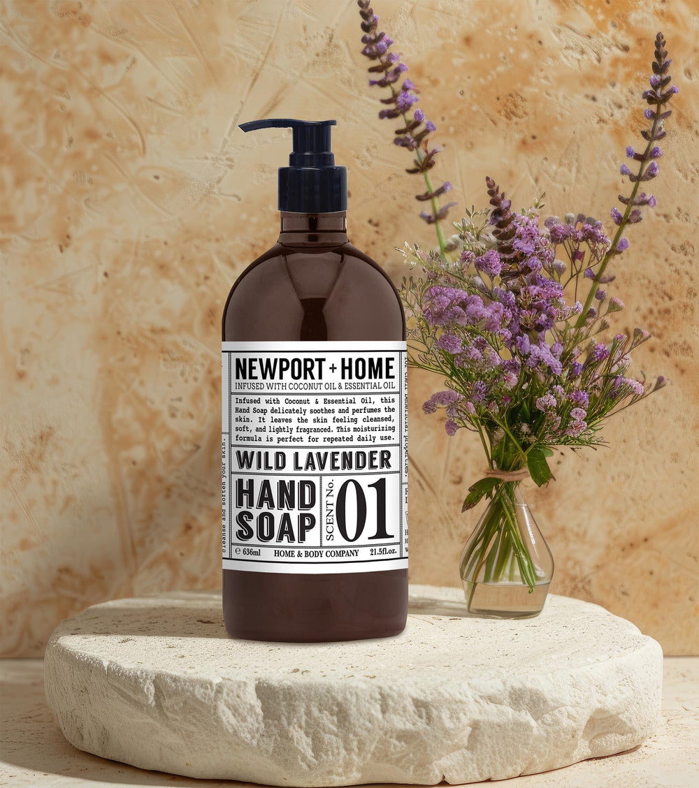 Newport Home Hand Soap Rosemary Mint pump bottle highlighting refreshing daily cleansing.