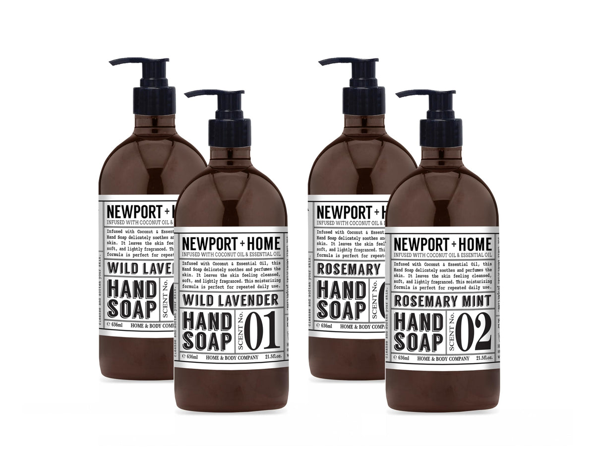 Newport Home Hand Soap Wild Lavender bottle pour for soothing cleansing and light fragrance.