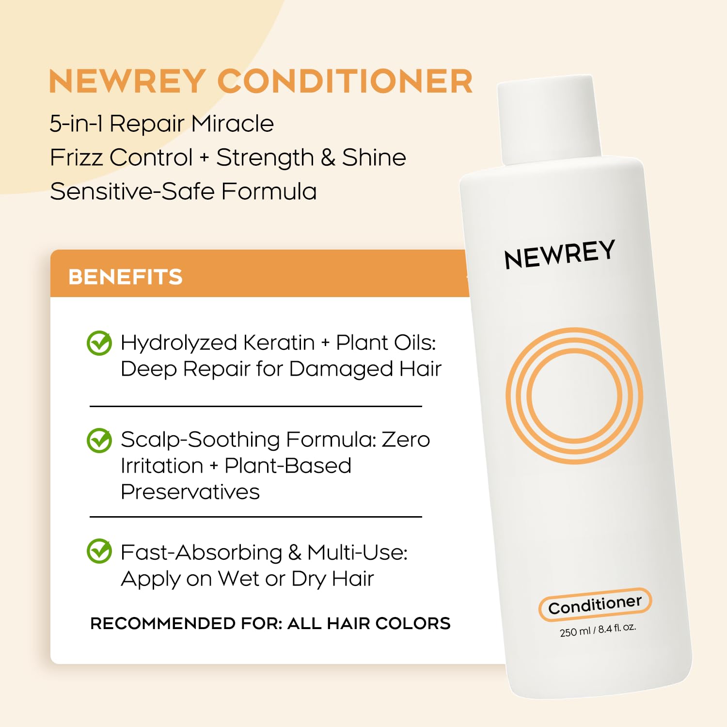NEWREY Hydrating Conditioner bottle-back-label highlights keratin and coconut oil benefits