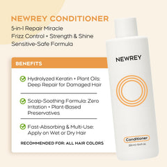 NEWREY Hydrating Conditioner bottle-back-label highlights keratin and coconut oil benefits