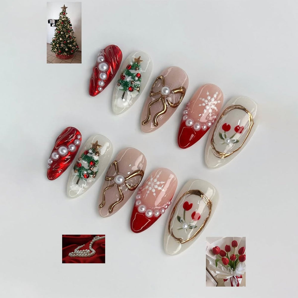 NewsPIED medium almond nails with bow and snowflake close-up for festive art.