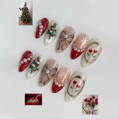 NewsPIED medium almond nails with bow and snowflake close-up for festive art.