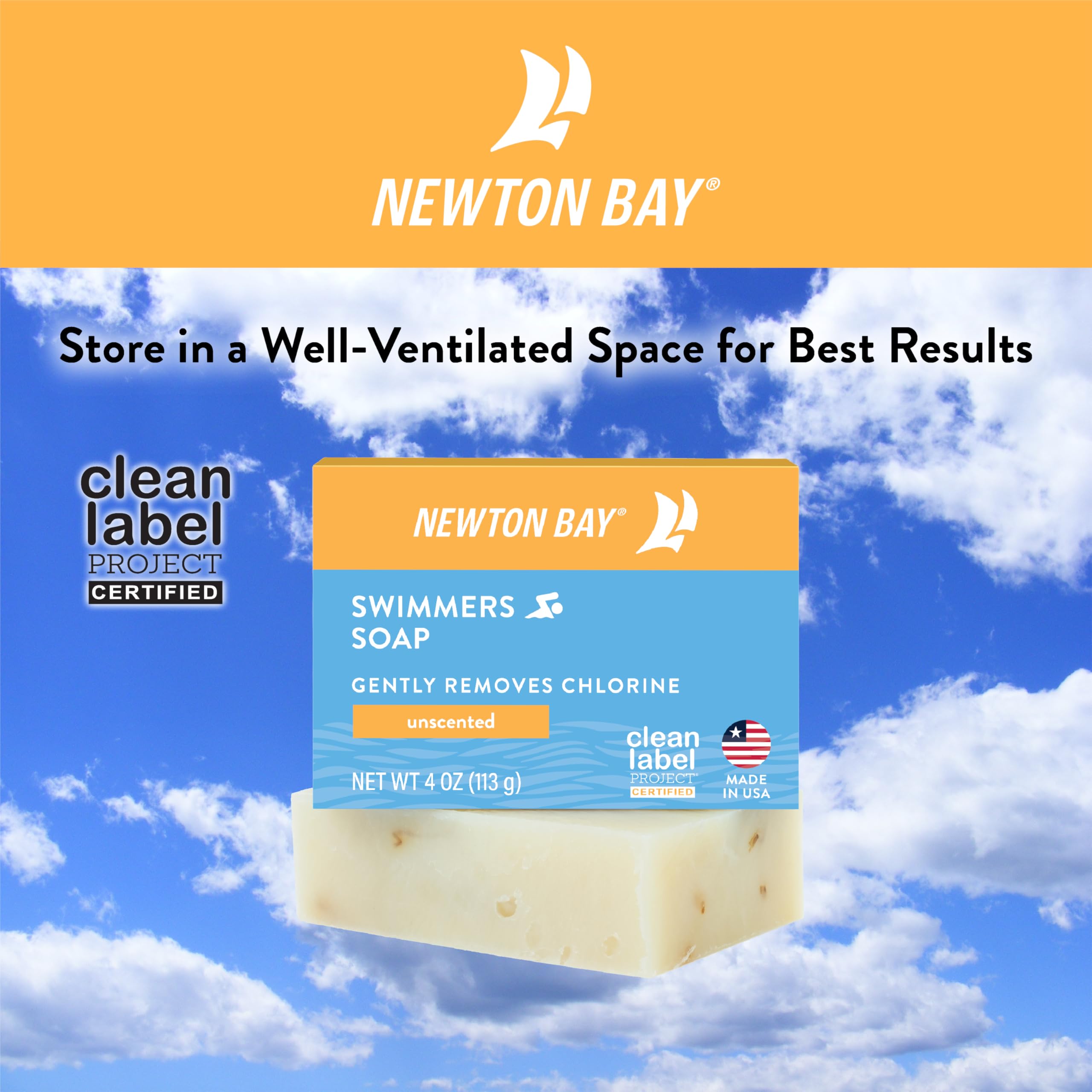 Newton Bay Swimmers Soap after-swim-use scene suggests skin recovery.