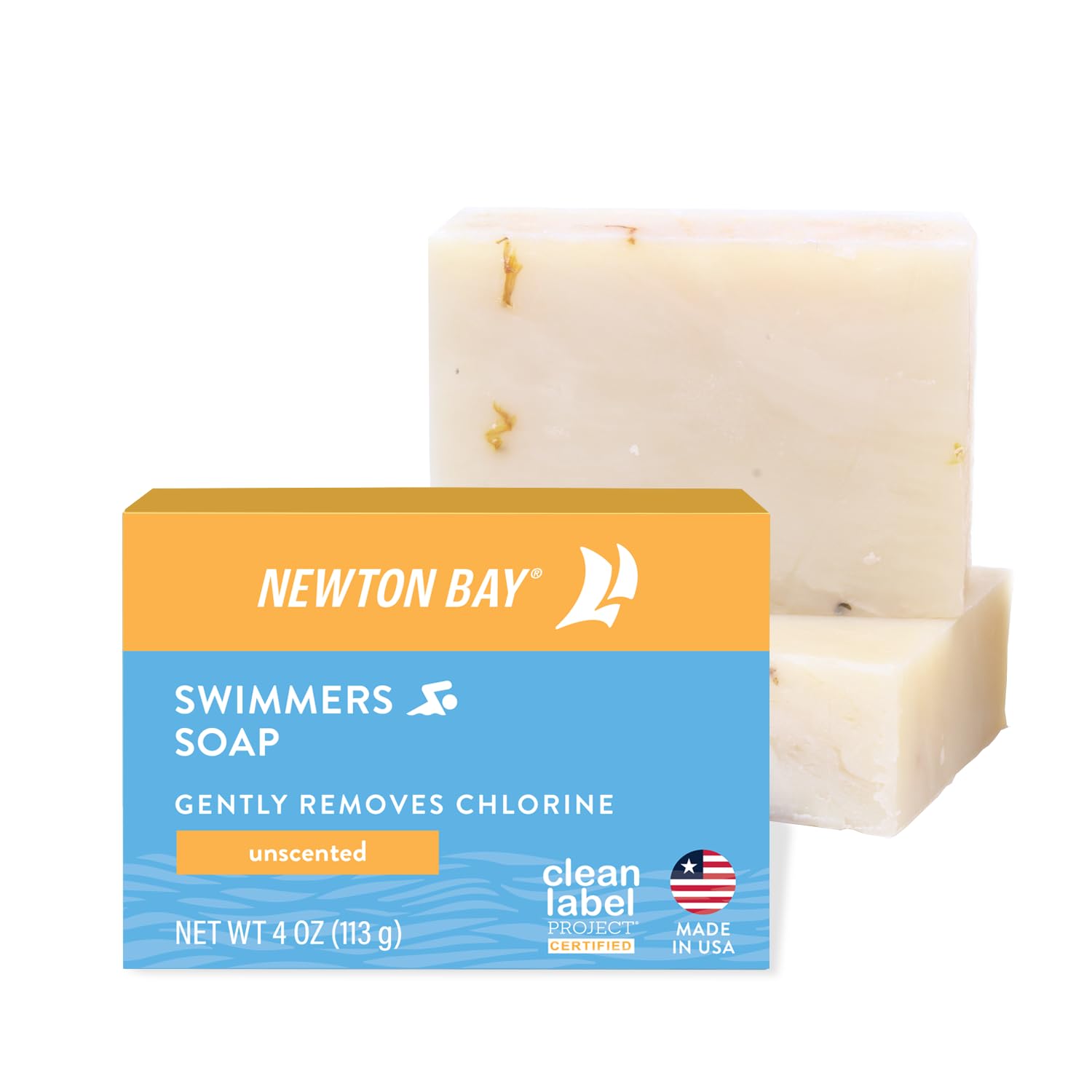 Newton Bay Swimmers Soap bar close-up shows gentle cleansing after swimming.
