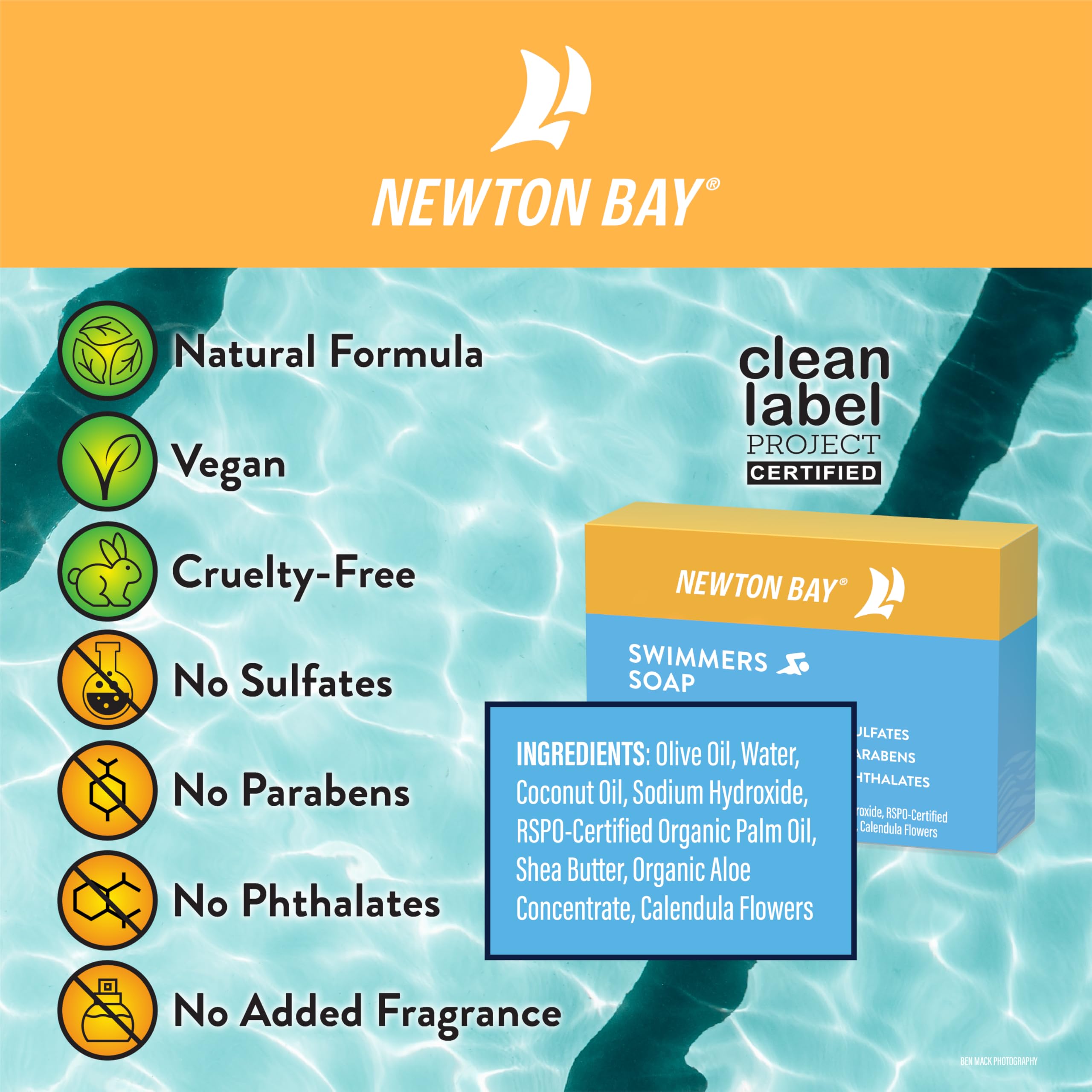 Newton Bay Swimmers Soap ingredients aloe and calendula soothe skin.