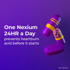 Nexium 24HR capsule close-up shows smooth coating for easy swallowing.