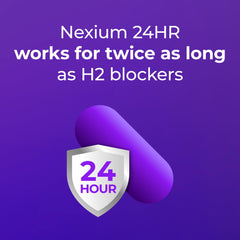 Nexium 24HR tablet being swallowed, highlighting easy intake.