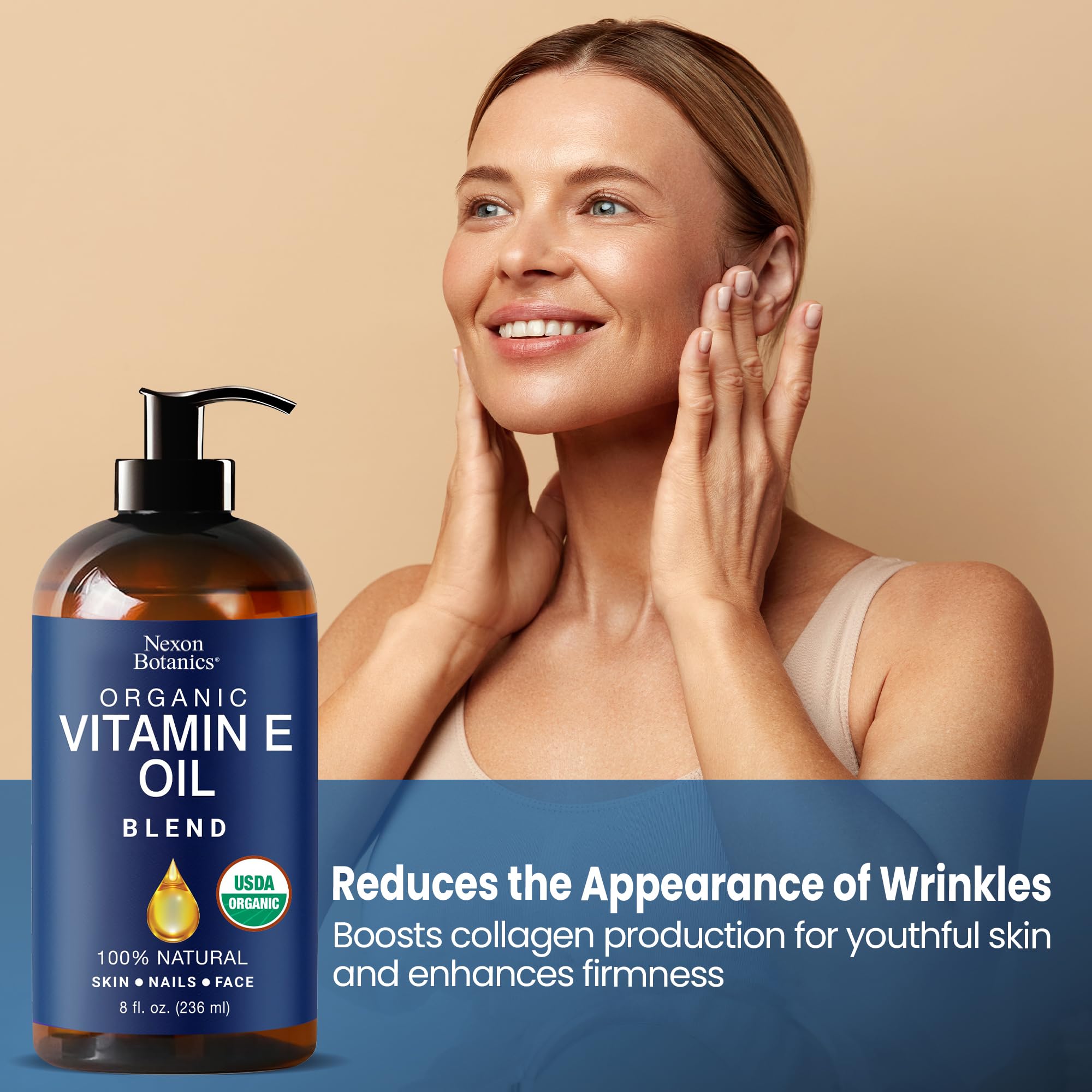 Close-up of Nexon Botanics organic vitamin E oil blend bottle showcasing quality label.
