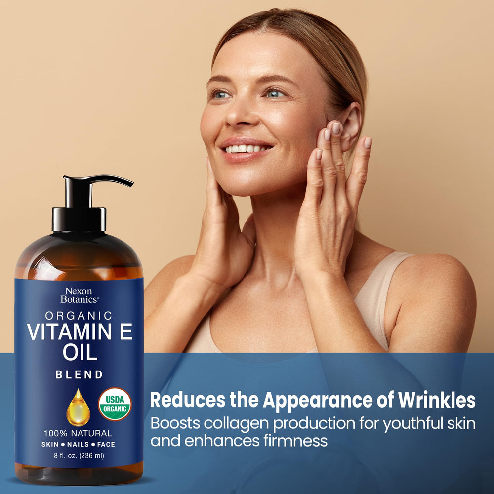 Close-up of Nexon Botanics organic vitamin E oil blend bottle showcasing quality label.