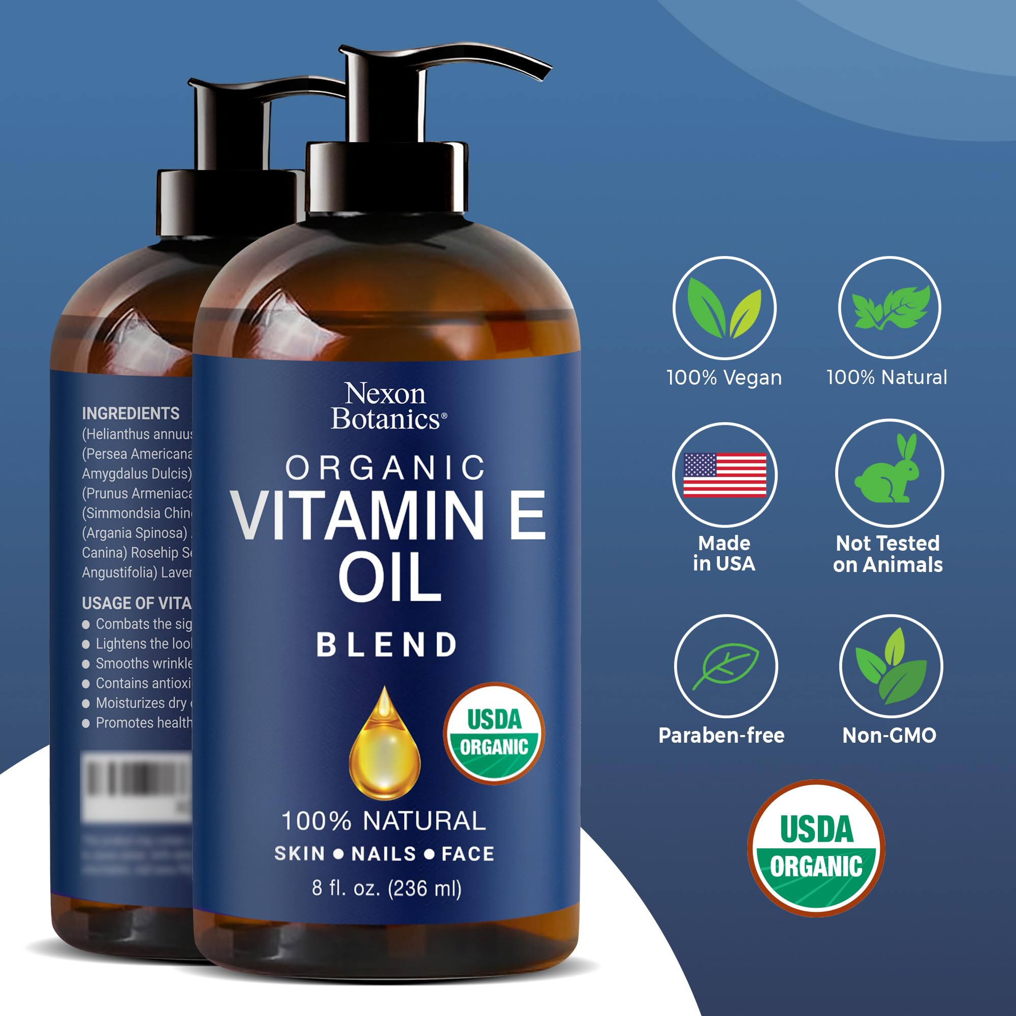 Nexon Botanics organic vitamin E oil blend with lavender scent for soothing experience.