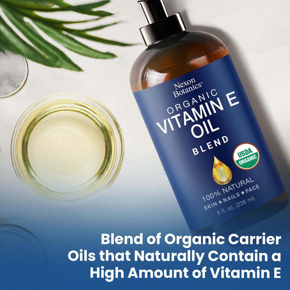Nexon Botanics organic vitamin E oil blend in use for enhancing skincare routine.