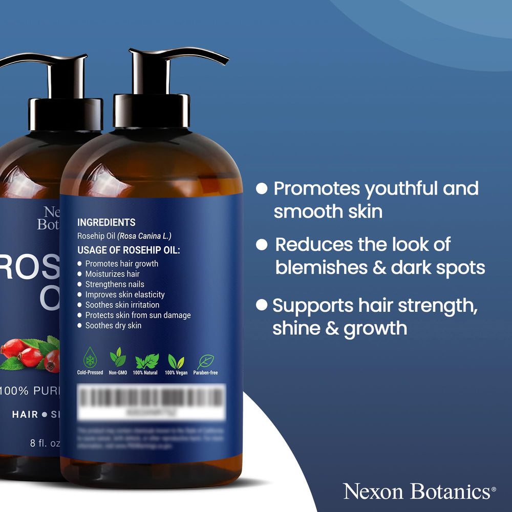Nexon Botanics rosehip oil amber bottle closeup highlights potency and protection from light.